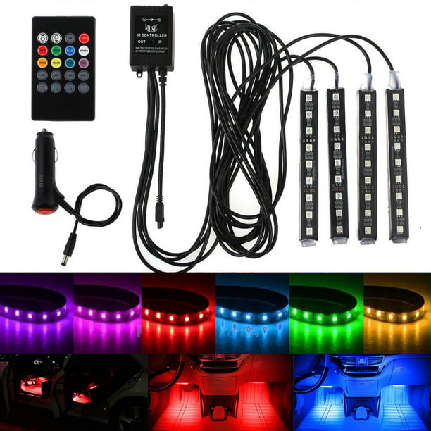 4x USB Car Interior Neon Atmosphere Lamp RGB 9 LED Strip Light Music Control*